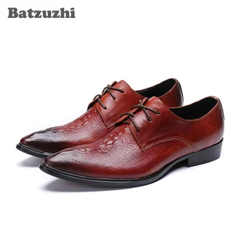 Batzuzhi Stil Italian a Subliniat Toe Barbati din Piele Pantofi Dantela-up Formală Maro din Piele Pantofi Rochie de Mireasa Zapatos Hombre